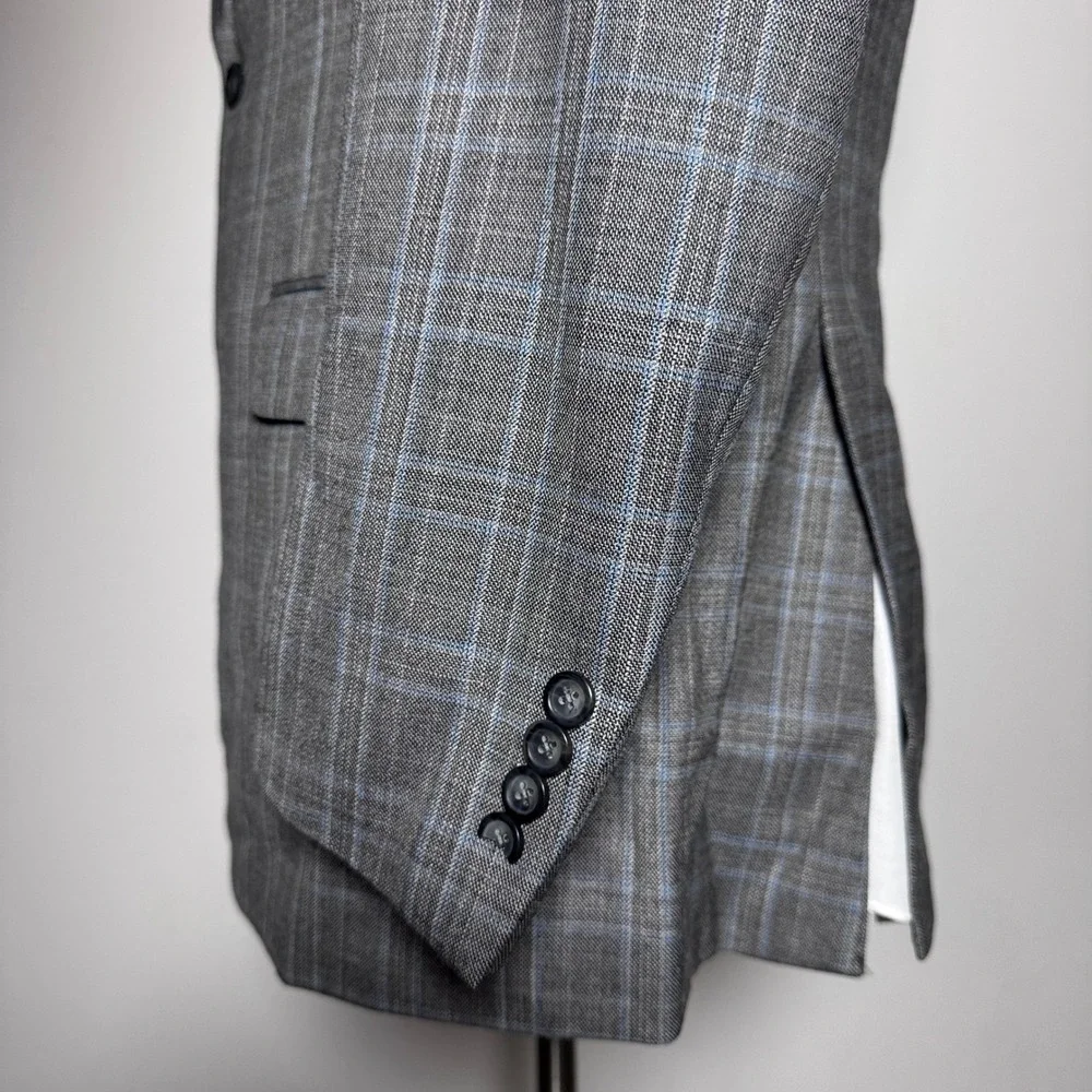 Pronto Uomo Platinum Sport Coat Mens 42L Grey Blue Plaid Wool Blend Blazer